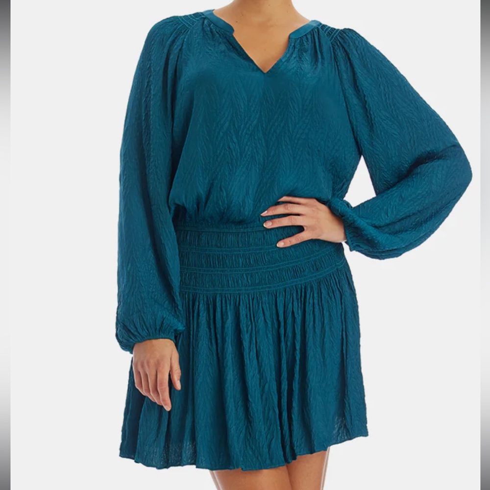 Current Air Teal Long-Sleeve Smocked Waist Dress